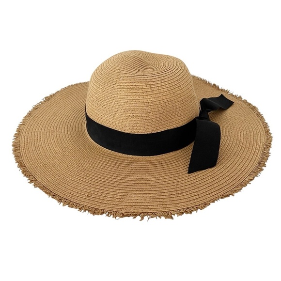 LOFT Straw Floppy Hat Tan Frayed Edge Packable Black Ribbon Summer Beach Light - Picture 5 of 8